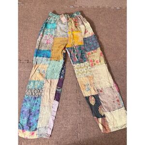 The Little Bazaar Patchwork Cotton Pants Womens Multi Color Boho Wide Leg New A+
